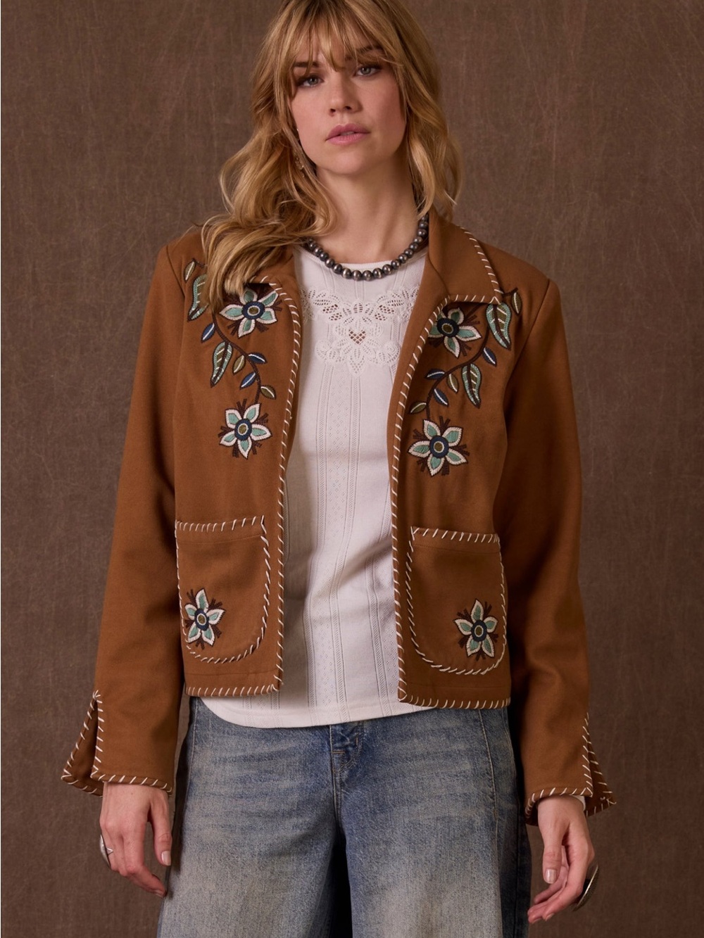 Double D Ranch Camel Brown Floral Embroidered Whipstitch Jacket - Picture 5 of 8
